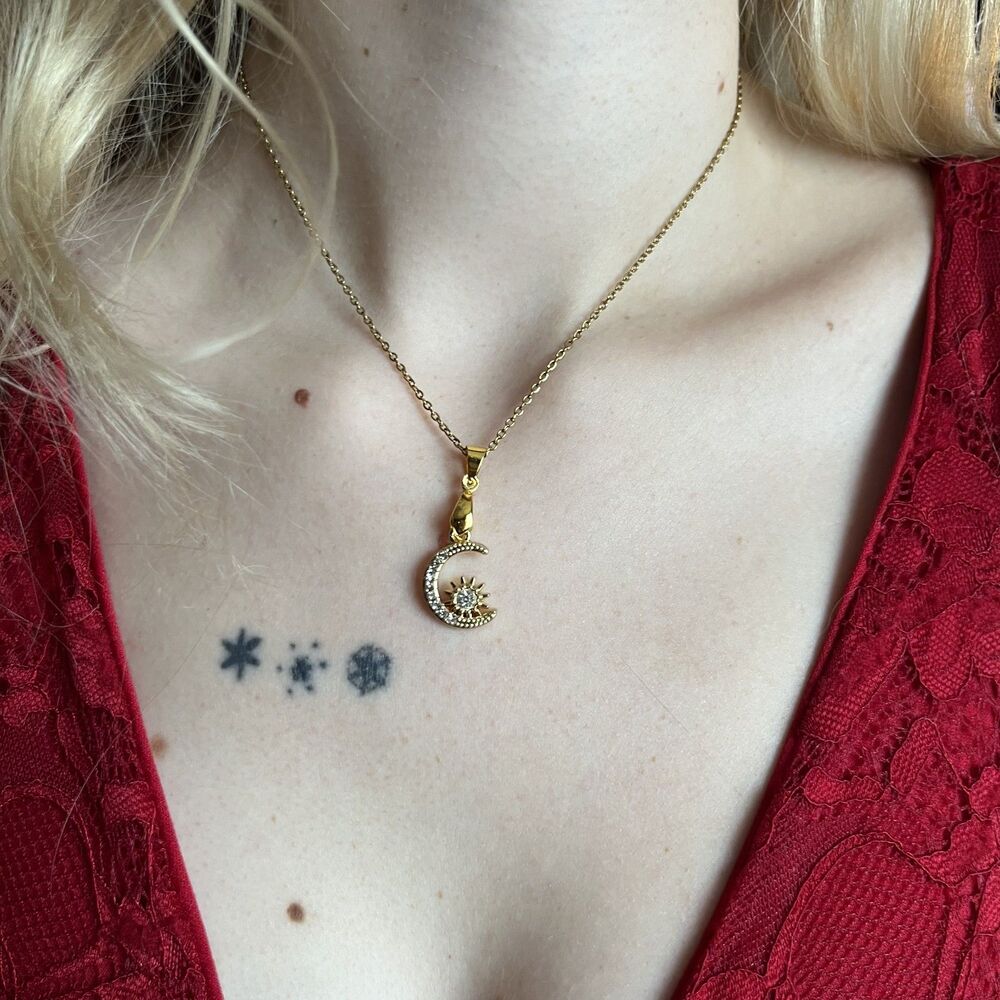 Dainty Gold Tone Crescent Moon Necklace 16 Inches Bohemian Whimsigoth Y2K